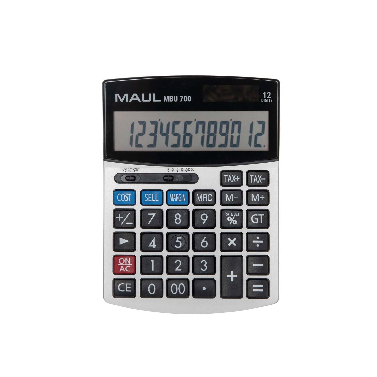 Maul kaufmännischer Taschenrechner MBU 700 | Taschenrechner groß mit kaufmännischen Funktionen | 12-stelliges Display | inkl. Gewinn-Kosten-Marge-Funktion | Solar/Batterie | Schwarz