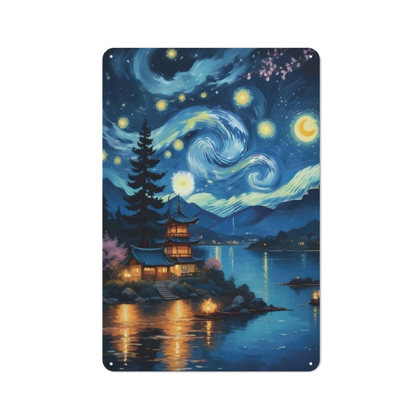 Junmoney Starry Night Japanese Classic Tin Wall Sign 30X20cm, Diner Style Decor For Coffee Bar, Kitchen, Bistro Or Tea Corner