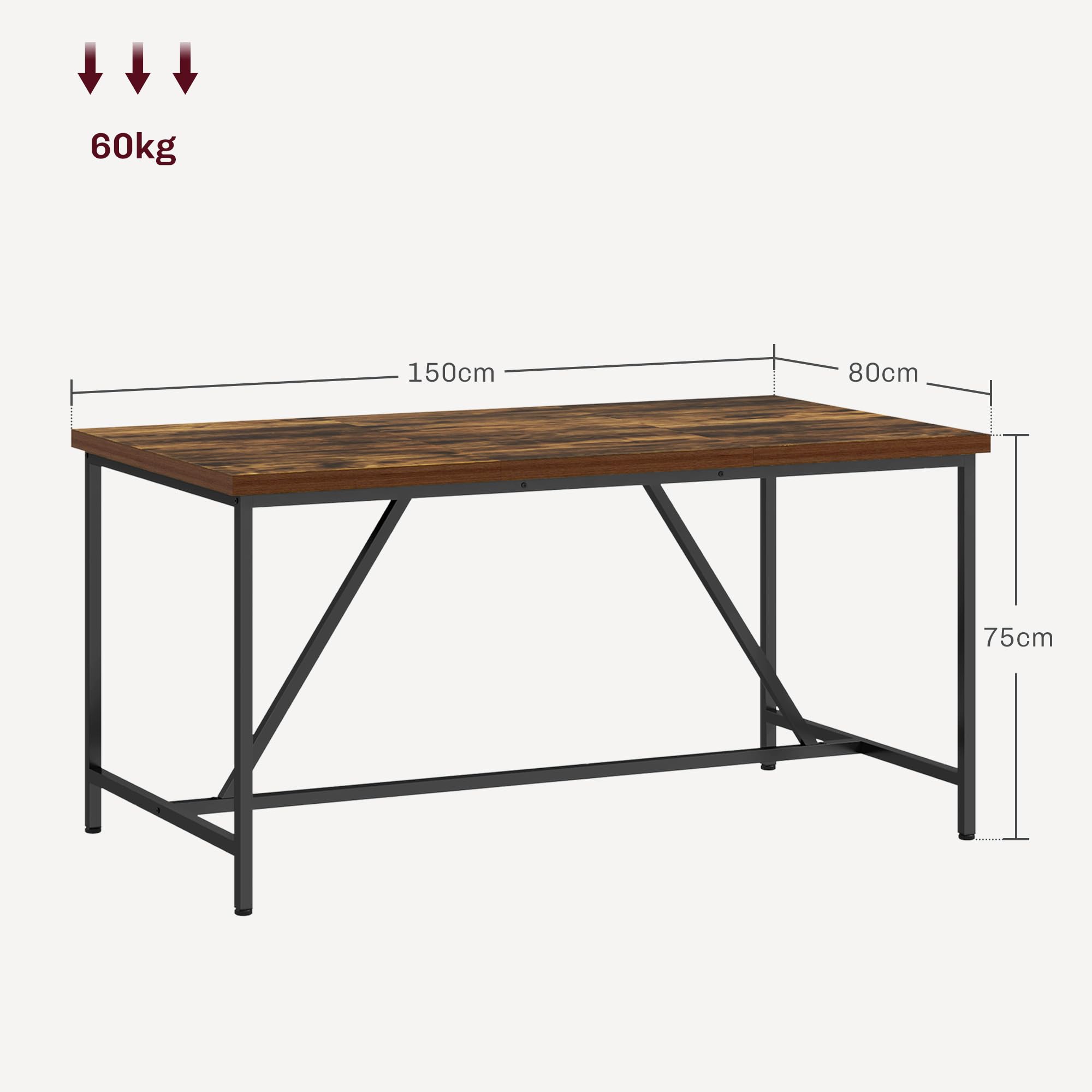 HOMCOM Tavolo da Pranzo Rettangolare per 6 Persone, Tavolo da Cucina in Stile Industriale con Piedini Regolabili in Legno e Acciaio, per Sala da Pranzo, Soggiorno e Studio, 150x80x75 cm, Marrone