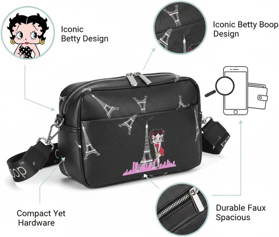 Karriage-Mate Betty Boop Crossbody Bag for Women, Faux Leather Shoulder Bag with Adjustable Strap