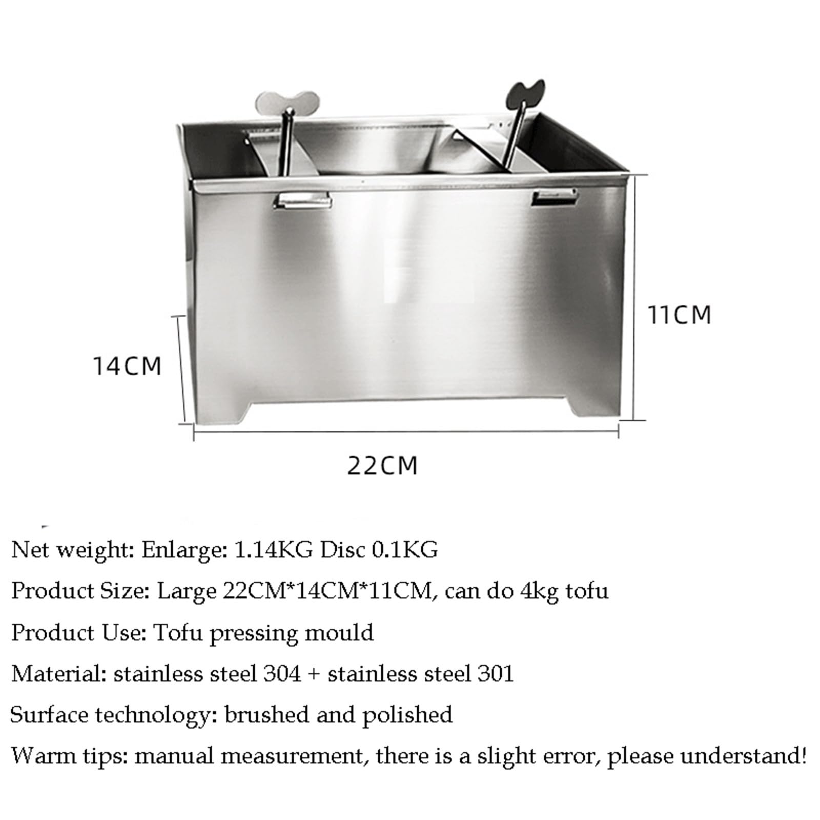 Tofu-Presse, vegane Tofu-Presse, Edelstahl-Tofu-Presse, Tofus-Pressmaschine, verstellbare Tofus-Presse mit Abflussloch und Tropf, leicht zu reinigen, for Küche, Zuhause(X-Large)
