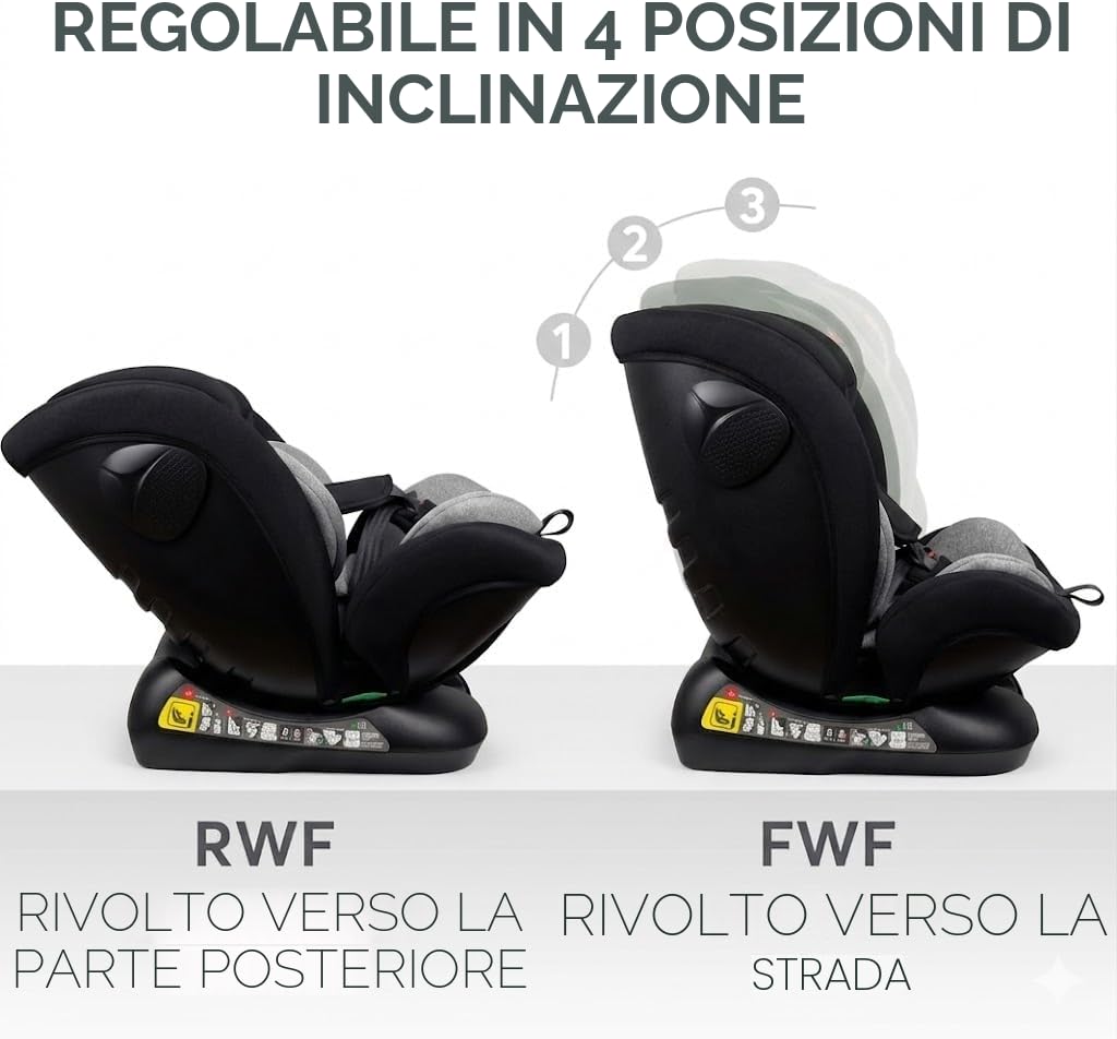 Nania Prato, seggiolino auto per bambini, I-Size, 40-150 cm, evolutivo dalla nascita, fino a circa 12 anni, fissaggio cintura di sicurezza, poggiatesta e inclinazione regolabili, supporto lombare e