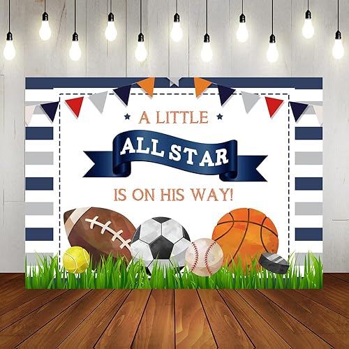 Lofaris A Little All Star is On His Way - Telón de fondo para baby shower, niños, deportes, cumpleaños, fútbol, baloncesto, tenis, golf, recién