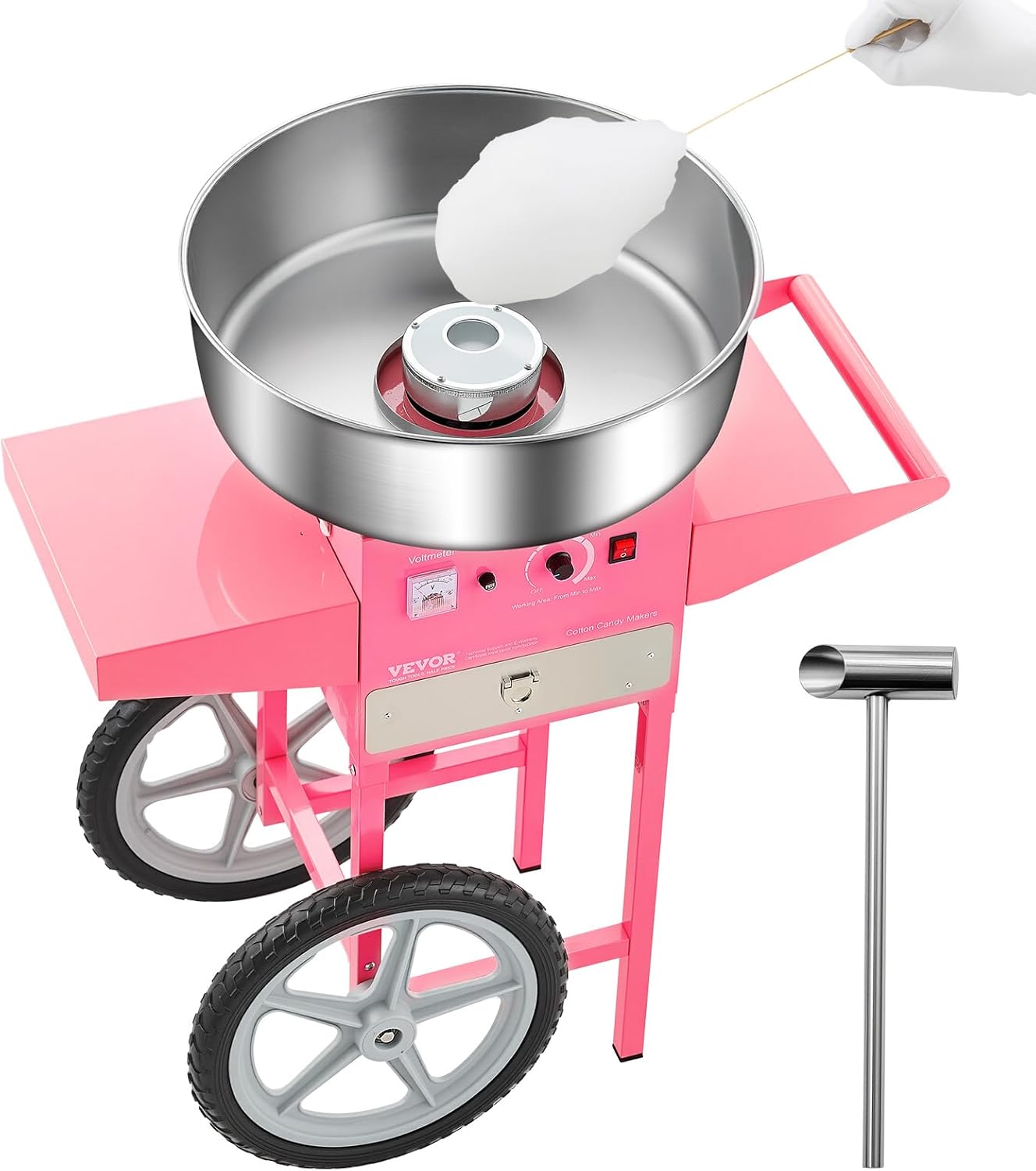 VEVOR Electric Cotton Candy Machine with Cart, 1000W Commercial Candy Floss Maker with 20.5 in Stainless Steel Bowl, Sugar Scoop, and Drawer, Easy to Use, for Home, Kids Birthday, Family Party, Pink
