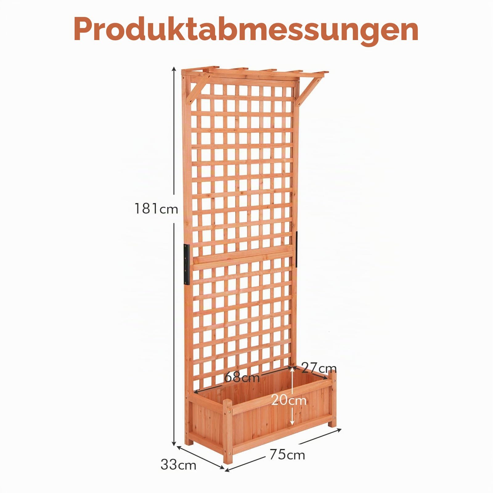 HOMASIS Hochbeet mit Rankgitter & Dach, Blumenkasten mit Spalier & Drainagelöchern, Pflanzkasten Holz, Pflanzkübel Rankkasten Gartenspalier für Balkon, Garten, Terrasse, Orange (75x33x181cm)