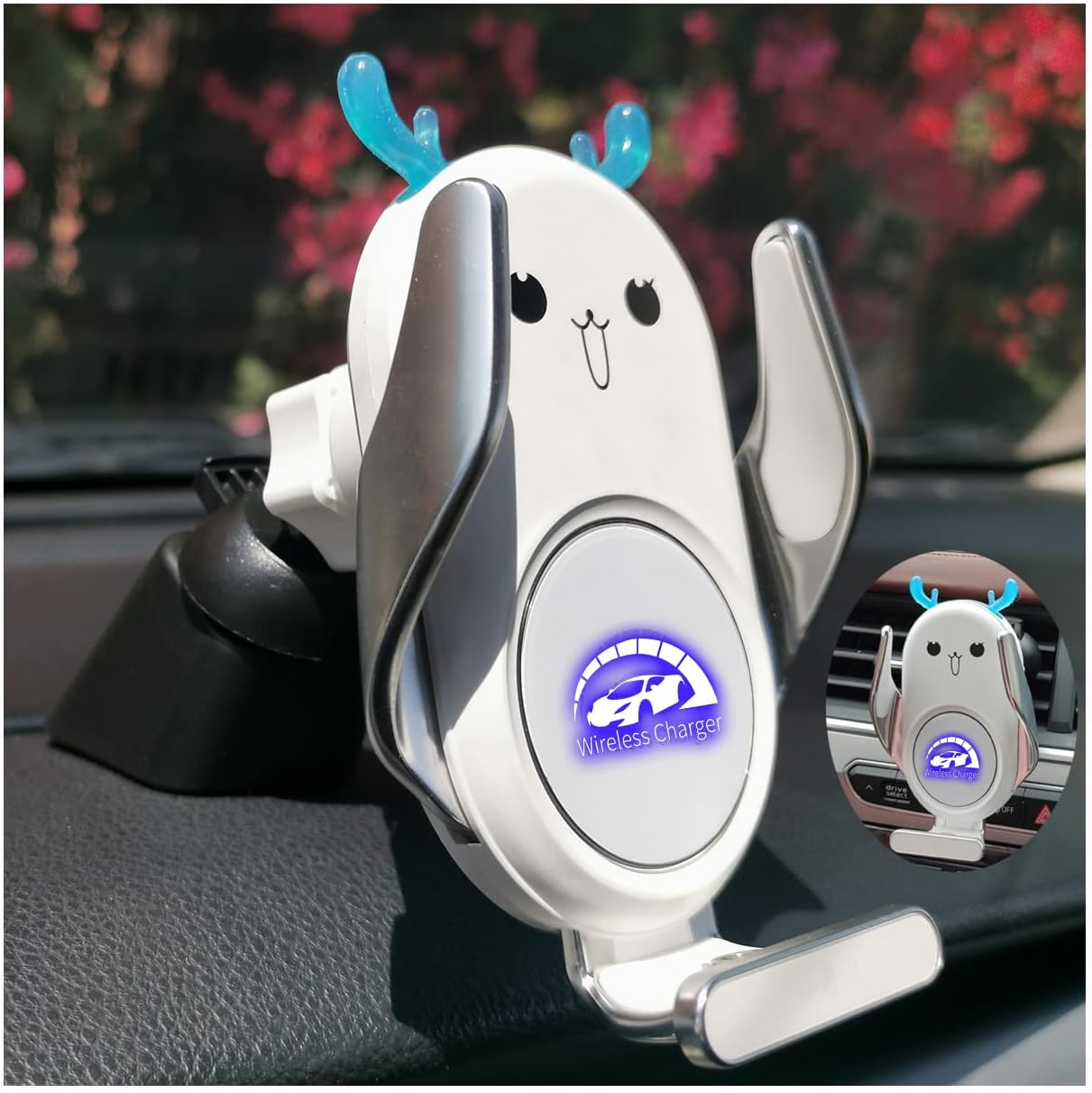 Universal Wireless Car Charger Mount, Auto-Clamping 15W Rechargeable, Air Vent Dashboard, for iPhone Samsung Andriod Phone,Cute Deer Design on Dashboard and Air Vent