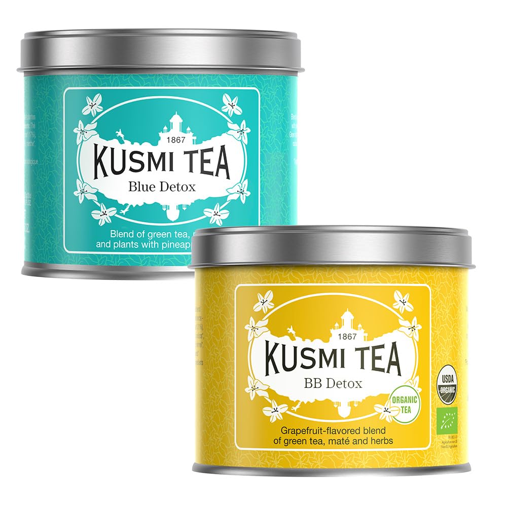 Kusmi Tea – BB Detox + Blue Detox – Iconic Detox Tea – Organic Tea – Blend of Green Tea, Mate & Fruits – Organic Flavored Yerba Mate Tea – Loose Leaf Tea – 2 Tin Boxes of 3.5 oz