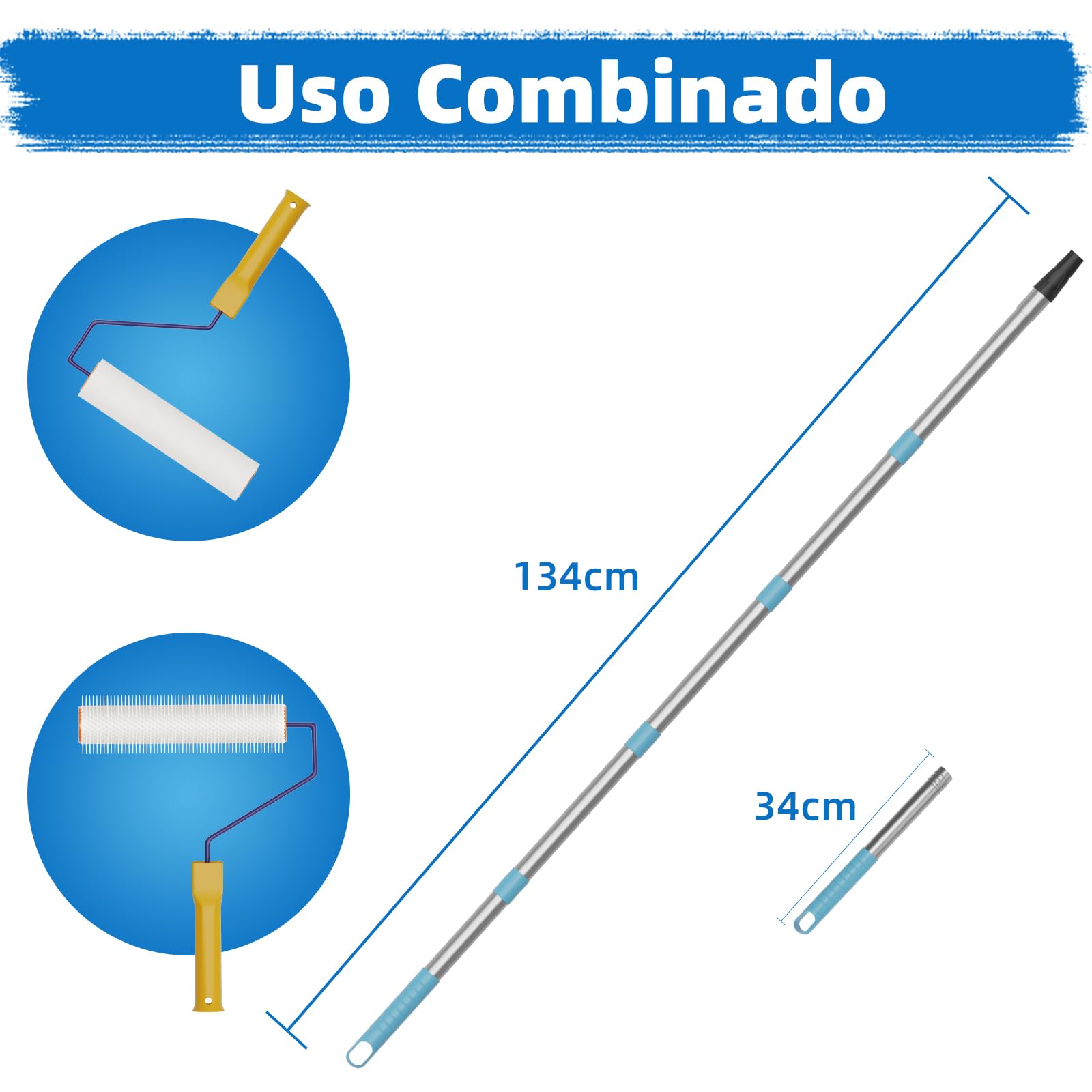 VKE Rodillo de Púas Autonivelante 23 cm - Espinas 14 mm, Autonivelante, 2 Rodillo Pintura 23 cm, Palo Telescopico 1,5 m, Zapatos Aireador para Cesped 30 mm, Herramientas para Autonivelante - 1 Asa