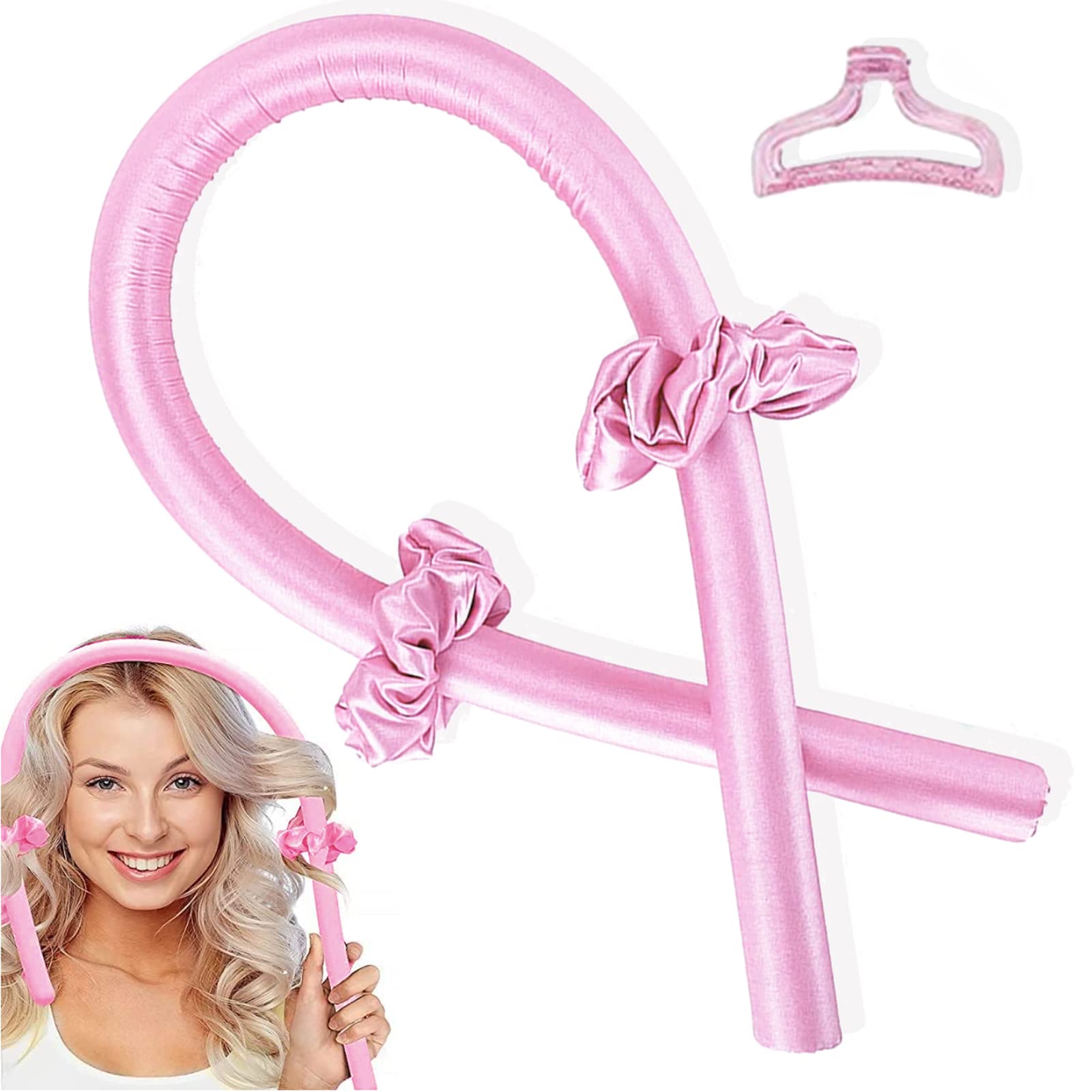 Heatless Curling Rod Silk Heatless Hair Curler with Hair Clips and Scrunchie No Heat Hair Rollers for Sleeping Overnight Adjustable Wave Curling Iron Kit for Long Hair (Pink)