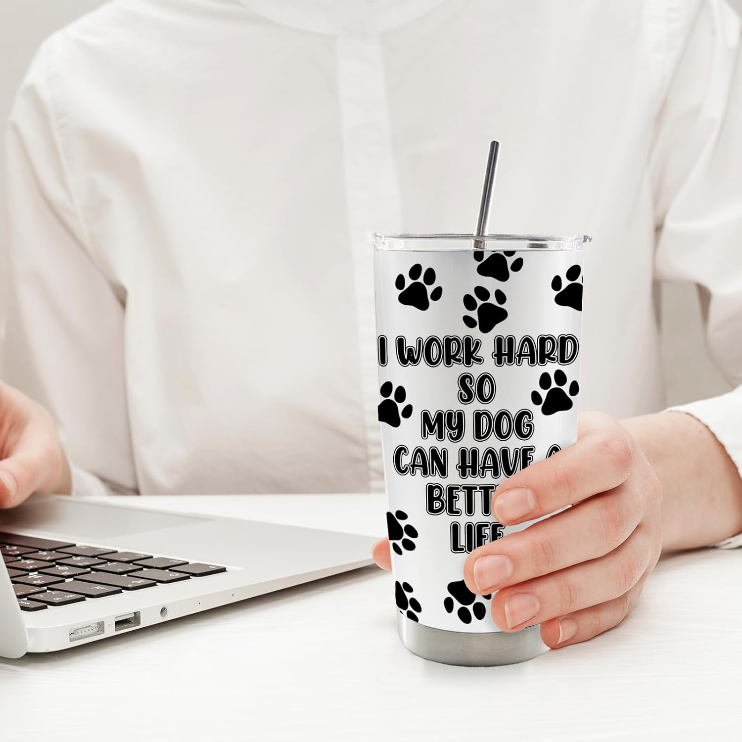 I Work Hard So My Dog Can Have A Better Life Dog Mom Dad 20oz Travel Coffee Mug Tumbler, Dog Gifts for Dog Lovers, Dog Paw Print Water Stainless Steel Tumbler with Lid and Straw Drinkware - Image 3