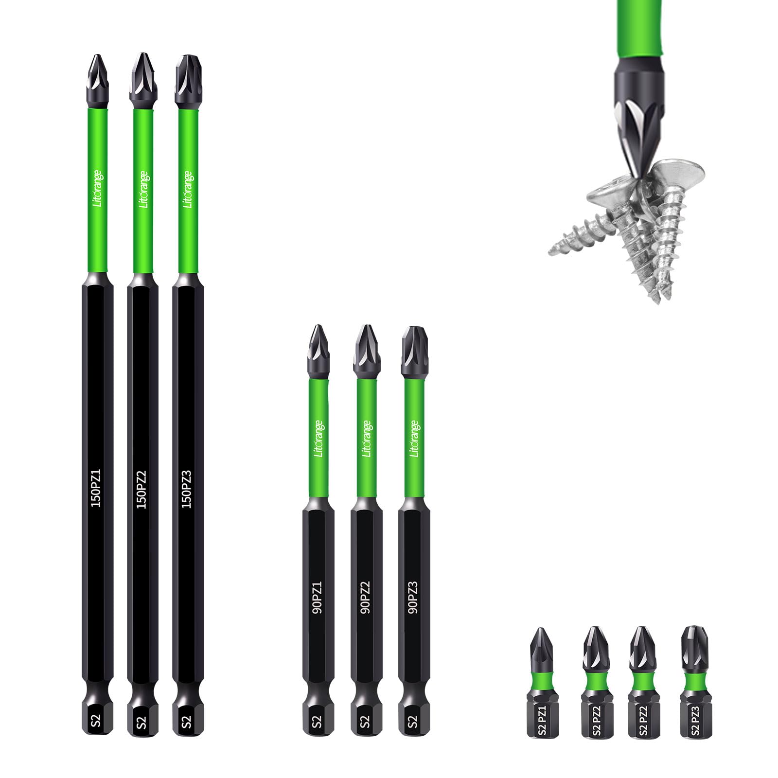 LitOrange10Pcs PZ1 PZ2 PZ3 Magnetic Impact Driver Bits, S2 Steel Long Pozidriv Screwdriver Bit Set 150 mm 90 mm 25 mm