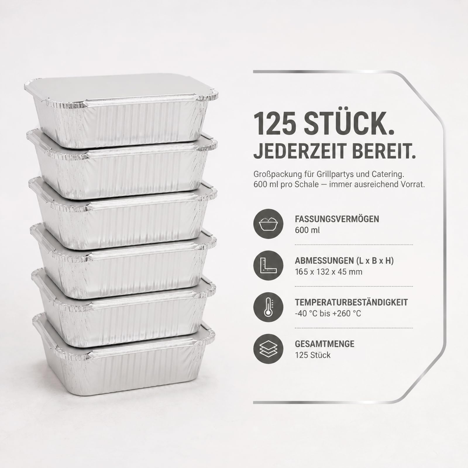 125 Stück Aluschalen mit Deckel 600ml, Alu Grillschalen, Grillschalen Tropfschalen Aluminium für Grill, Backen, Küche
