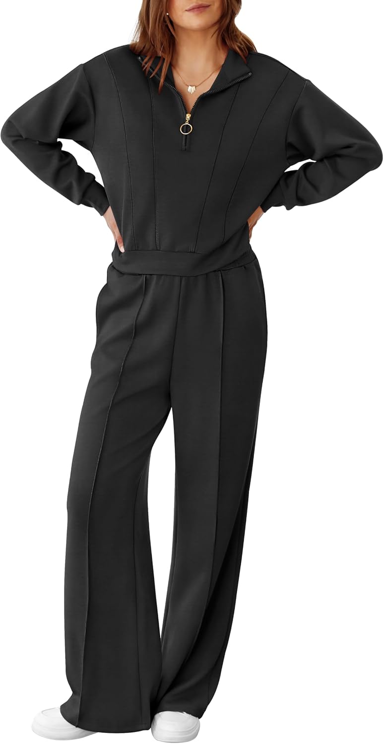RUBZOOF Lounge Sets for Women 2 Piece Sweatsuits Fall Outfits Half Zip Sweatshirt Wide Leg Sweatpants Matching Clothing Set - Image 3