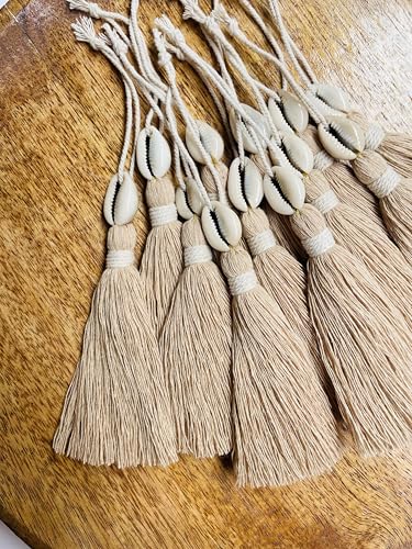 Image of Zippy Flora Handmade Cotton Tassels with Cowrie Shells for DIY & Crafts Project, Pack of 10 (Light Beige)
