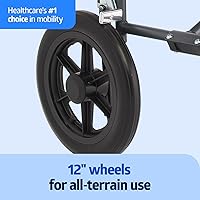 Vista 2 de Medline Silla básica de transporte de acero, brazos de longitud completa, reposapiés abatibles, ruedas de 12 pulgadas, gris/burdeos, ayuda