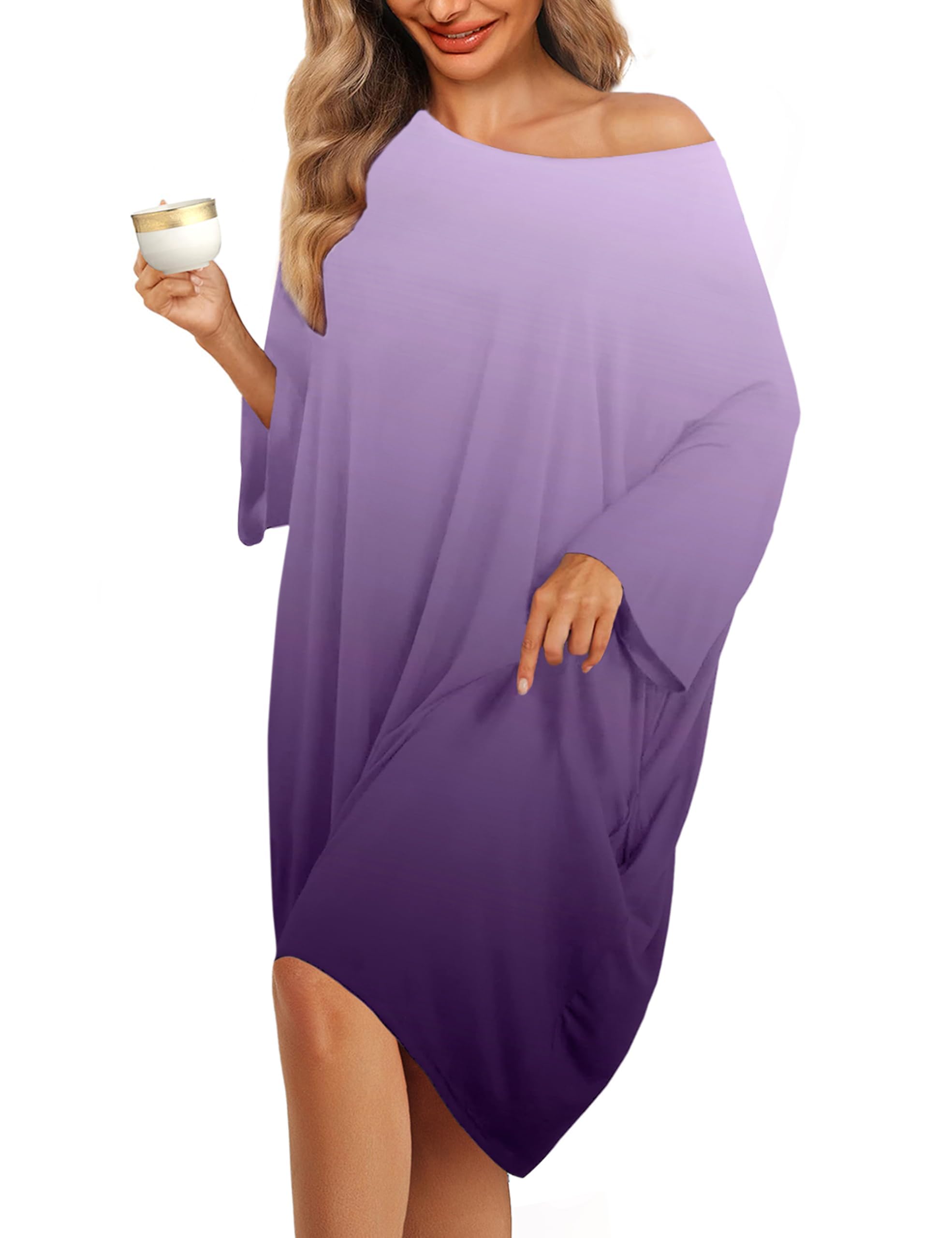 KFUBUO Plus Size Nightgowns for Women Oversized Sleep Tshirts Dress Short Sleeves Sleepwear With Pocket Fit S-5XL