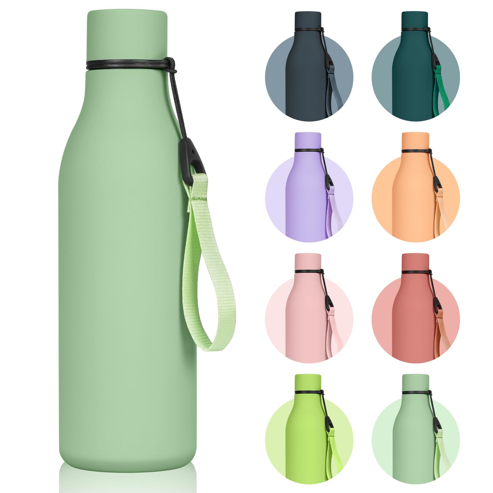 flintronic 550ml Water Bottles with Strap,Double Wall Vacuum Insulated Water Bottles Keeps Drinks Cold 24 Hrs/Hot 12 Hrs|Leak Proof|BPA Free,Stainless Steel Water Bottles for Gym,Hiking-Matcha Green — image 1