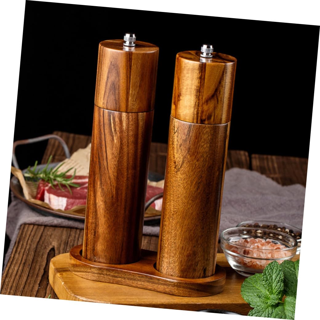 Yardwe Molinillo Manual de Pimienta de 8 Pulgadas de Madera de Acacia con Núcleo de Cerámica, Set de 3 Piezas con Salero, Pimentero y Base para Cocina y Mesa