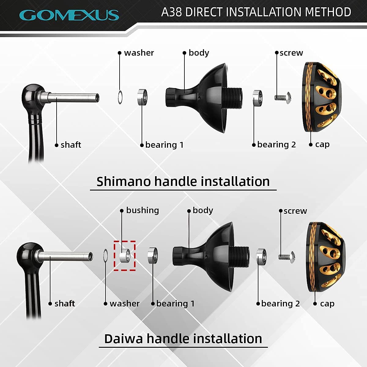 Diagram showing direct installation methods for Shimano and Daiwa reel handles.