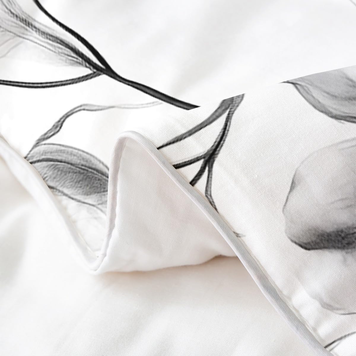 Erosebridal Black and White Floral Queen Bedding Set, Boho Flower 100% Cotton Duvet Cover for Women Men, Artistic Watercolor Floral Comforter Cover, Ink Painting Style Blossom & Leaf Bedclothes