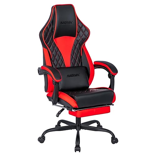 NIONIK Gaming Chair, Computer Chair with Footrest and Lumbar Support, Ergonomic Office Gamer Chair for Adults, Video Game Chairs with Adjustable Height and Backrest (Black Red) - Blackred