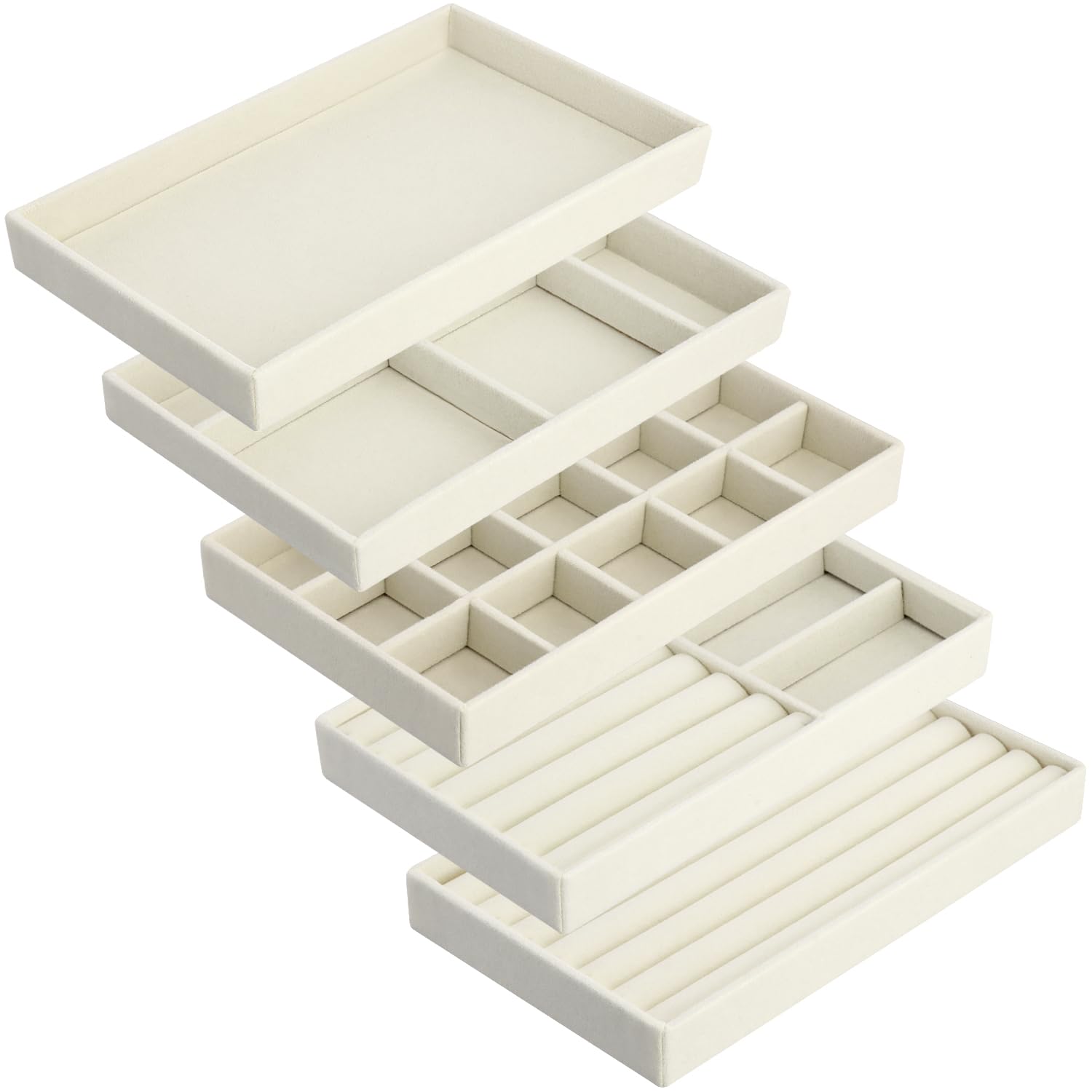 Qwork Beige Qwork® 5 Pack Jewelry Trays Organizer, Velvet Jewellery Tray, For Earring, Ring, Necklace And Bracelet Display,
