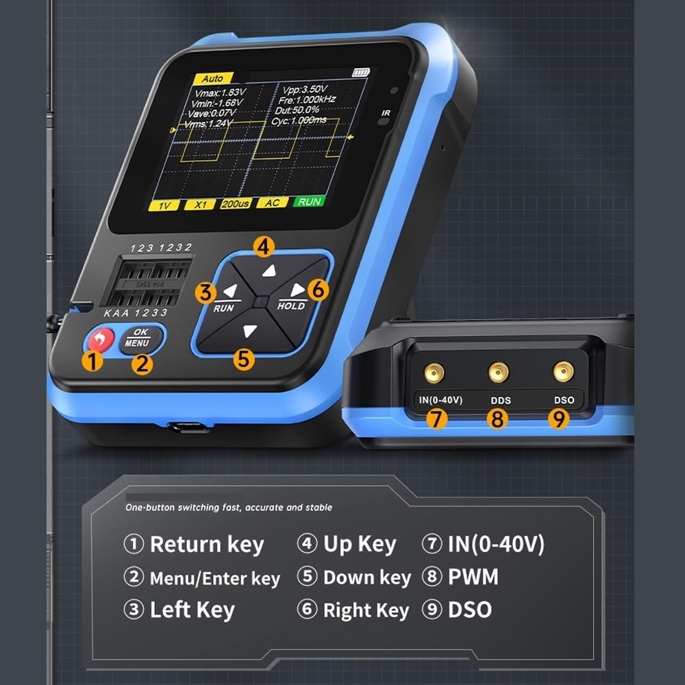 Osciloscopio digital portátil 3 en 1, osciloscopio de 10 MS/s 500 KHz + probador de transistores + generador de señal, 400 V