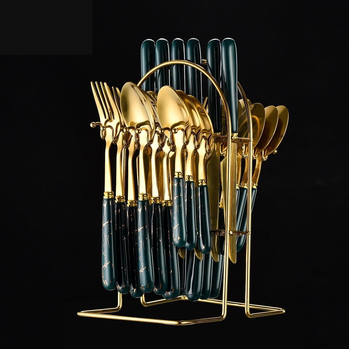 OLSKFUH Cutlery Flatware Cutlery Set, 24 Pieces Stainless Steel Tableware, Retro Ceramic Handle, Knife, Fork, Spoon, Hanging Rack, Tableware Gift Box Set,Green-24Pcs