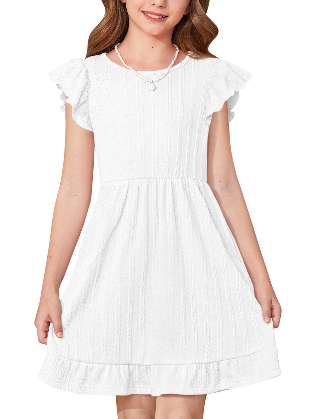 BesserBay Vestito estivo da bambina con volant midi per il ritorno a scuola manica svolazzante casual elastico in vita prendisole con tasche 5-14 anni