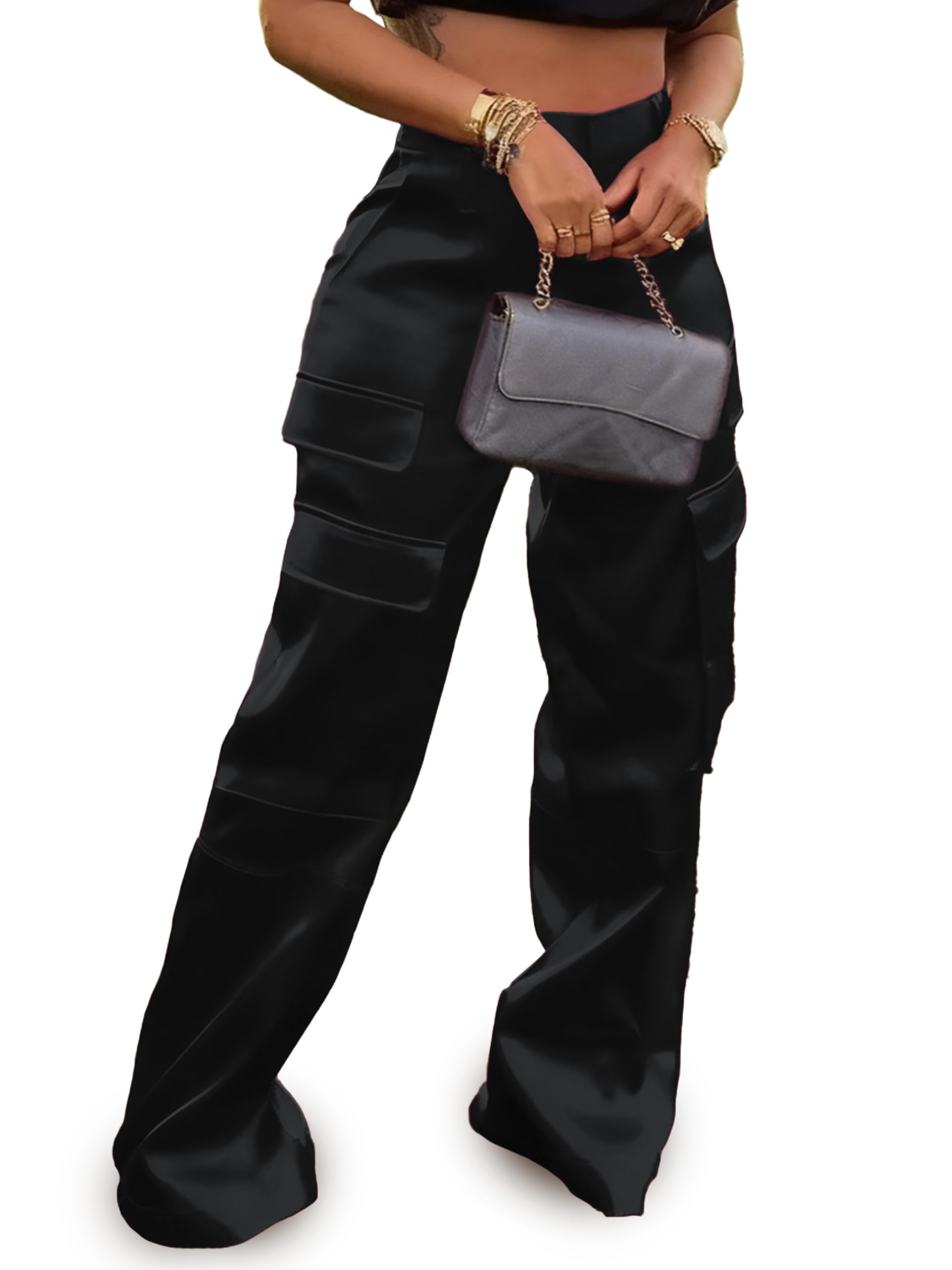 Tapata Womens Satin Cargo Pants 28 5 31 Inseam High Waisted Wide Leg Casual Straight Club Trousers Petite