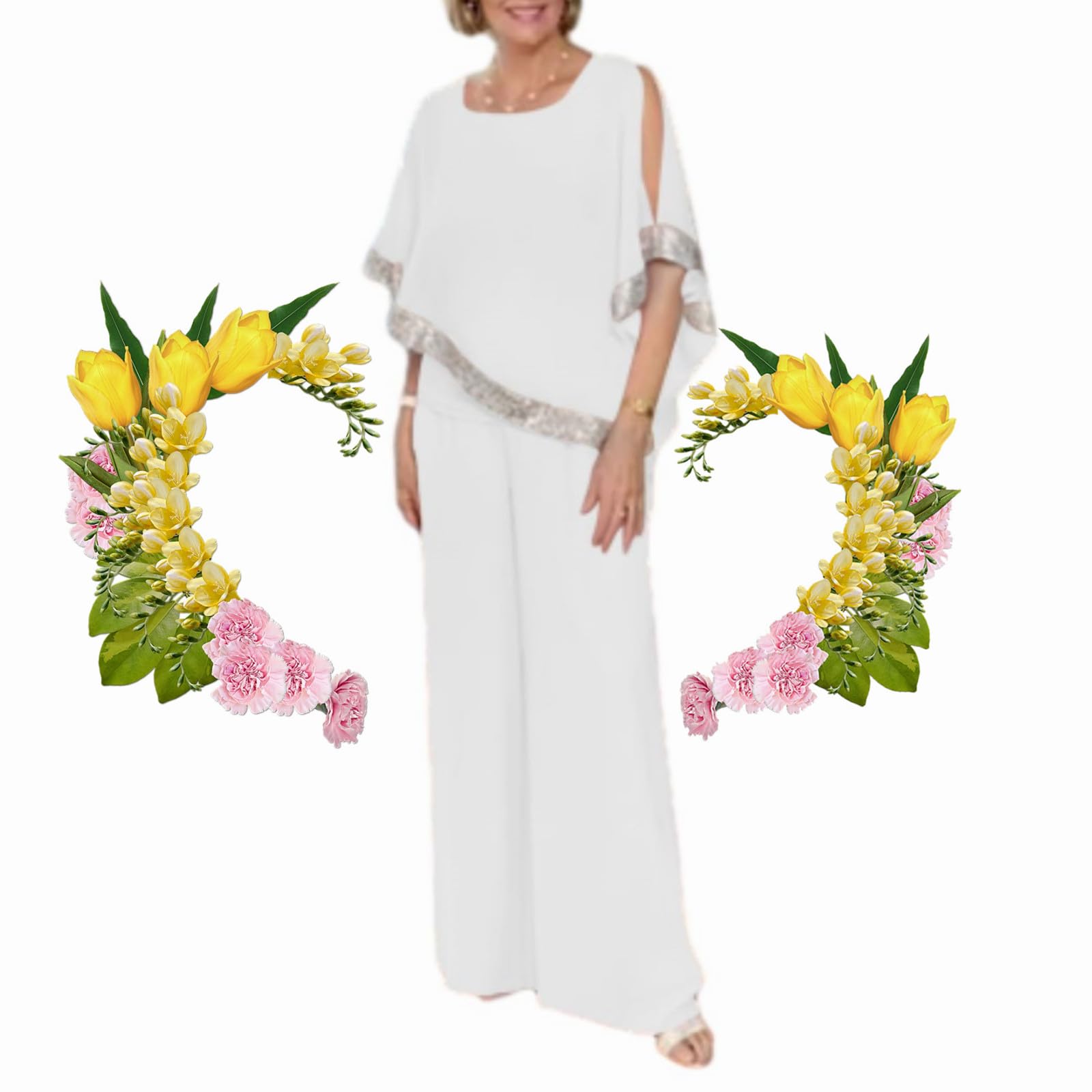 HESYSUAN Conjunto de dos piezas de tops y pantalones elegantes para mujer, con lentejuelas, para invitada de boda, verano, gasa, con lentejuelas, traje casual