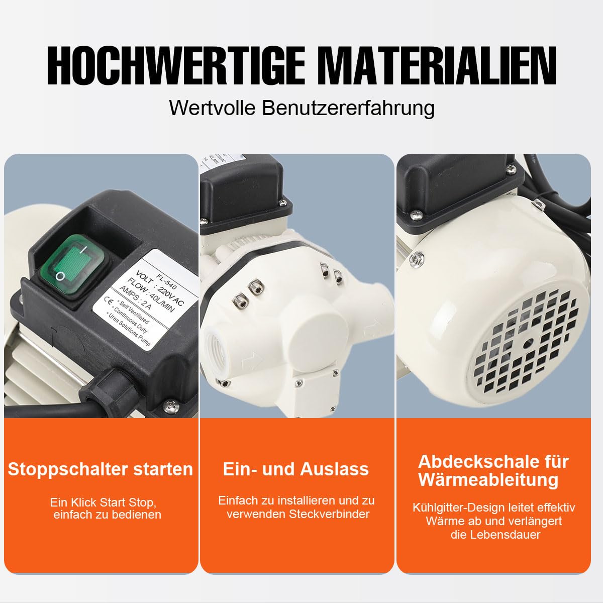 40L/Min Ad-Blue Pumpenset Urea pump Harnstoff pump Fasspumpe Selbstansaugend Pumpe Anschlussstücke Membranpumpe 220V - 0,4KW (50Hz) mit 4 Tüllen und 2 Schellen, 2950 RPM, 1,8m Kabellänge