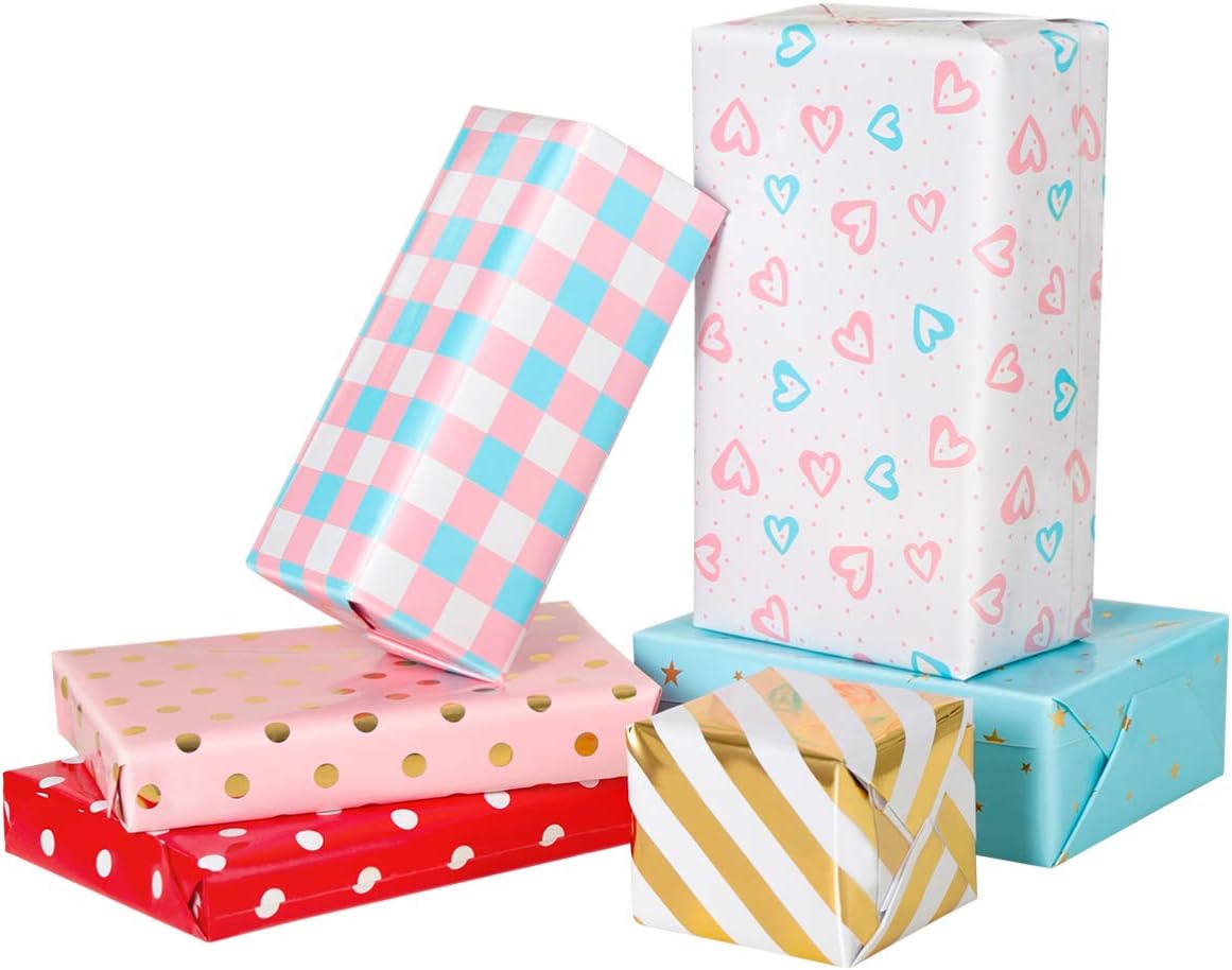 NUOBESTY Wrapping Paper Birthday, Wrapping Paper Roll For Girls,Boys,Stripes, Heart, Polka Dots Wedding Wrapping Paper 39.4 x 17.3 in,6 Sheets