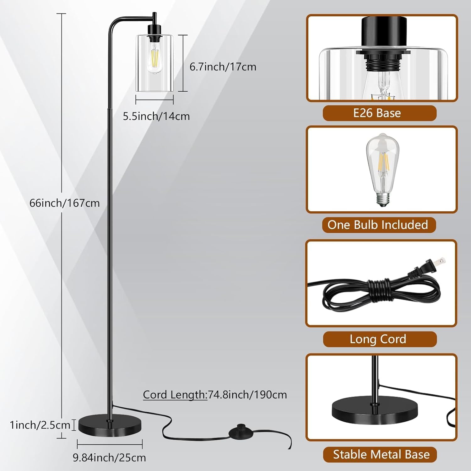 Floor Lamp,Floor Lamps for Living Room with Glass Lampshade,Modern Design Lamps Living Room,Standing Lamp with Premium Metal Material,Dimmable Living Room Lamps,Arced Floor Lamps,Tall Lamp(One Bulb)