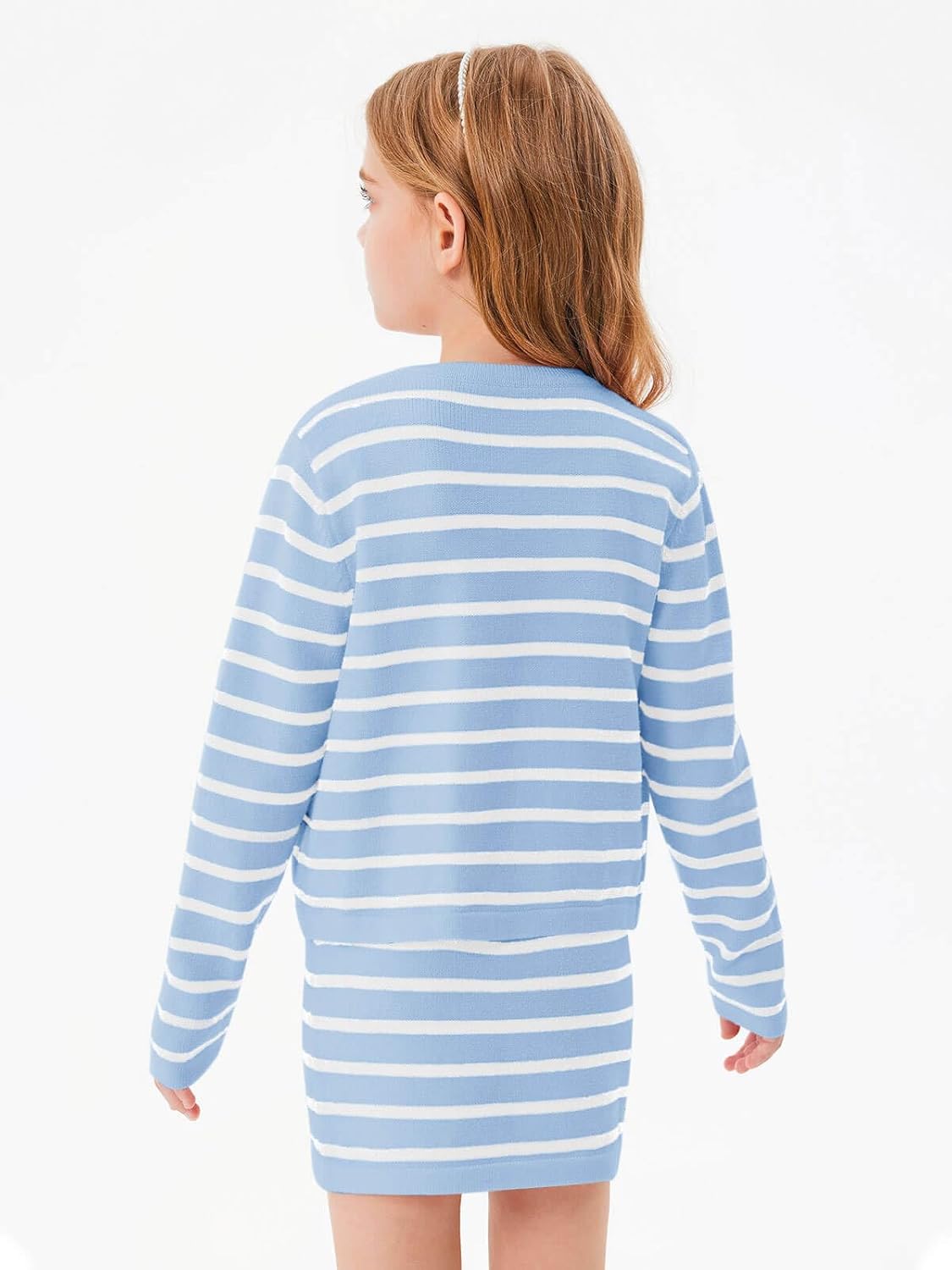 Haloumoning Girls Fall 2 Piece Outfits Striped Button Down Cardigan and Skirt Sets with Pockets 5-14 Years - Image 5
