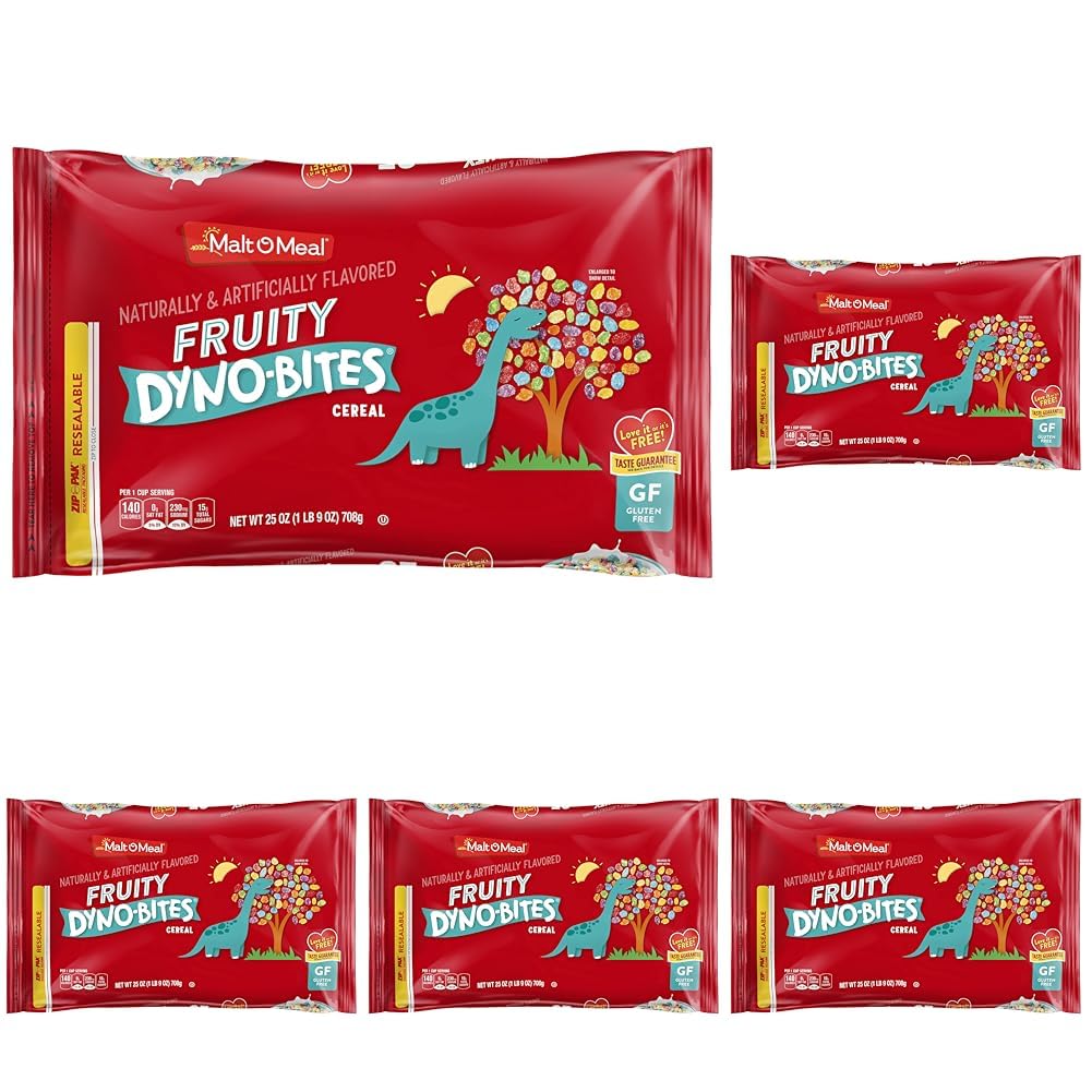 Malt-O-Meal Fruity Dyno Bites Gluten Free Breakfast Cereal with Fruity-Flavor, Bulk Size for Family, 25 oz Resealable Bag (Pack of 5)