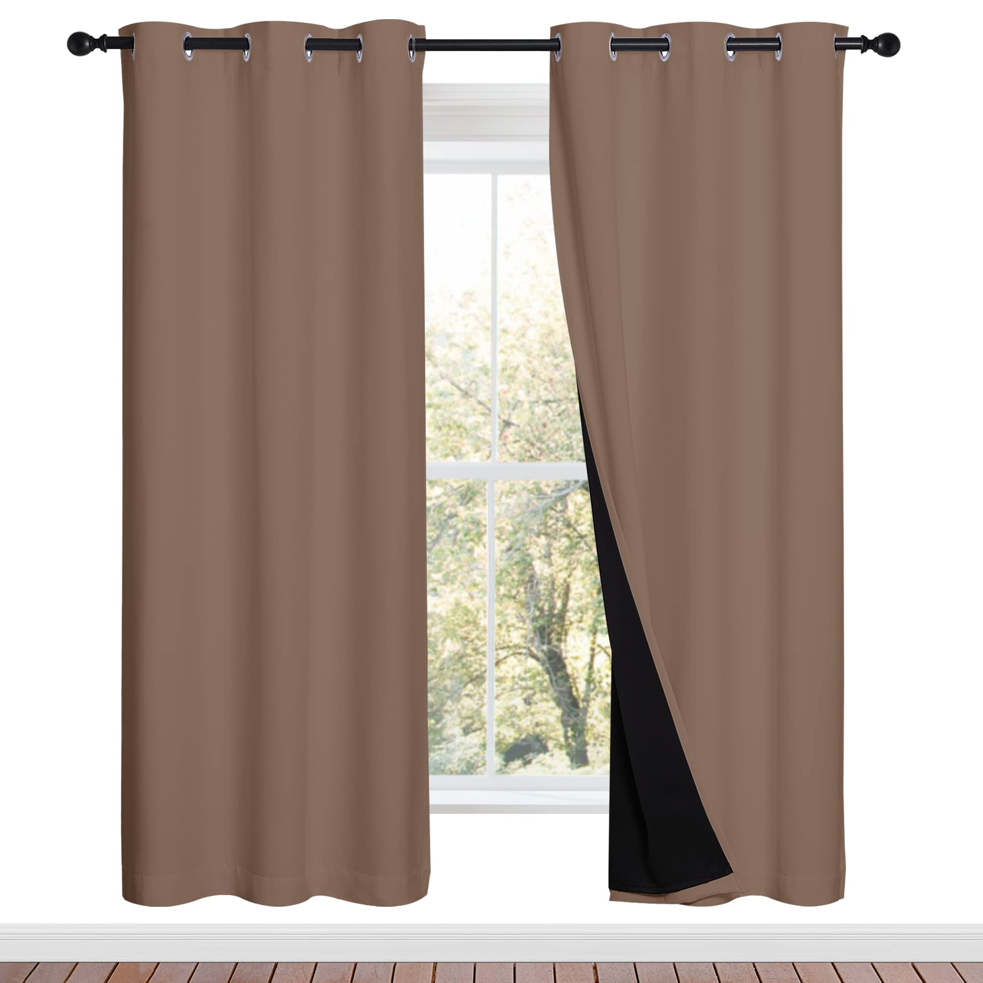 NICETOWN Living Room Completely Shaded Draperies, Privacy Protection &amp; Noise Reducing Ring Top Drapes, Black Lined Insulated Window Treatment Curtain Panels(Cappuccino, 2 Pieces, W42 x L72)