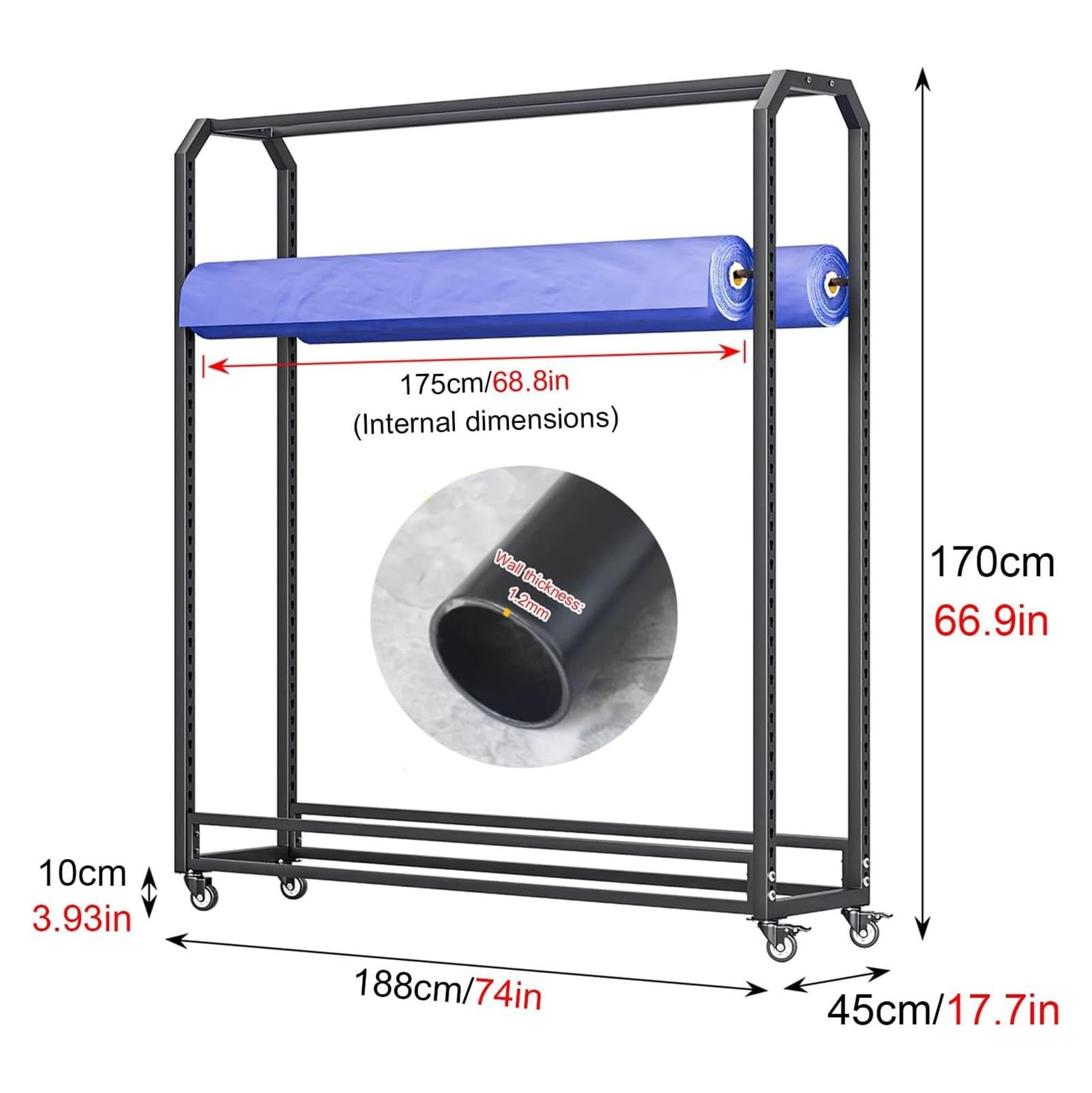 Uchwyt na rolki z tkaniny ścienny, Heavy Duty Steel Spool Rack do rolek winylowych i skórzanych, regulowany pręt wiszący, organizer oszczędzający miejsce do warsztatu z kołami, czarny