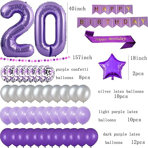 Miniatura 2 de Decoraciones de fiesta de cumpleaños número 20, pancarta de papel morado de feliz cumpleaños, 40 pulgadas, número 20, banda de látex y globos de