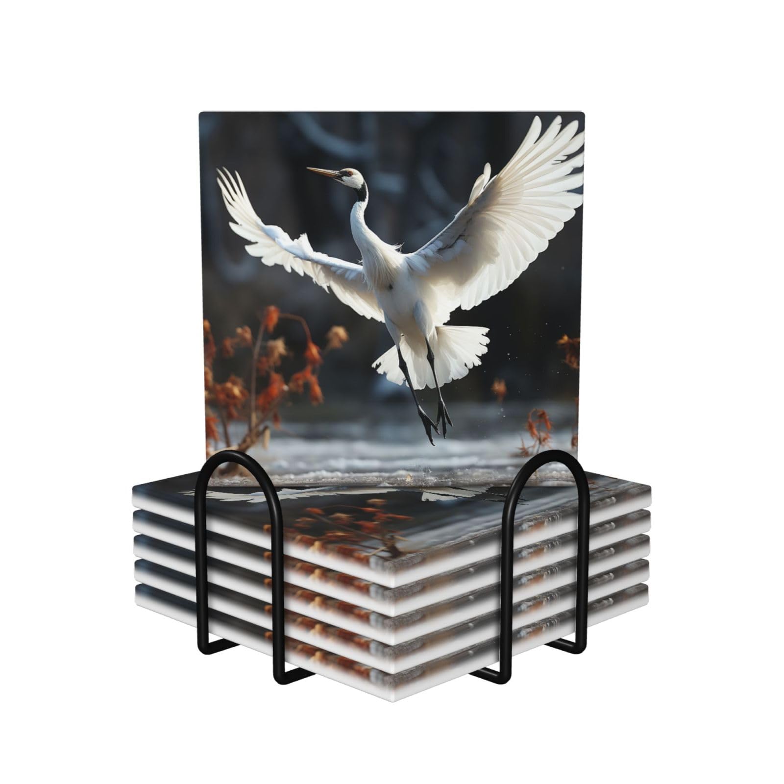 6Pcs Ceramics Coaster for Drinks, Crane Dancing Cup Coasters with Holder, Aesthetic Drink Coasters for Coffee Table, Absorbent Round Coaster for Tabletop Protection 4" Cup Mat Pad