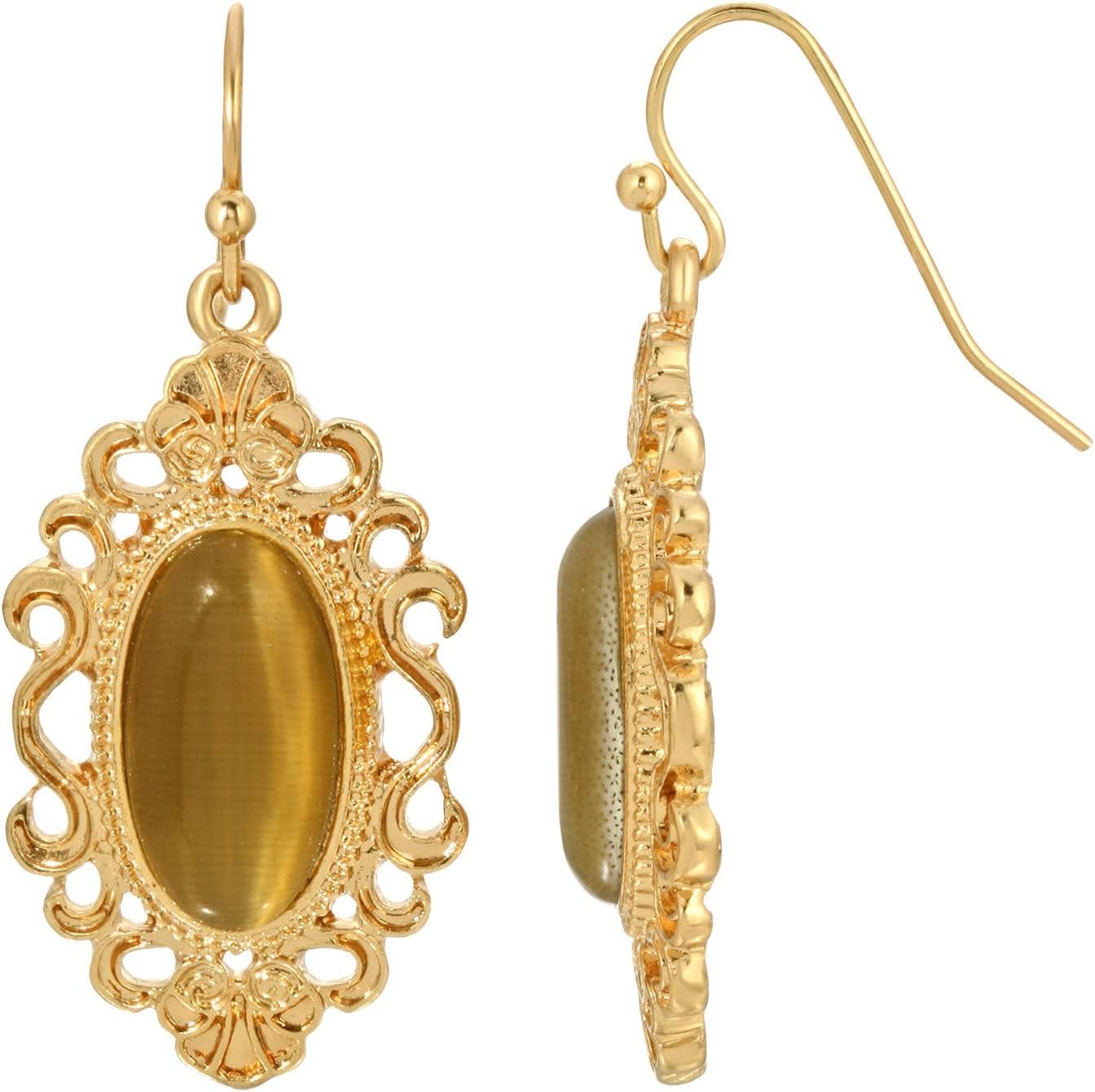 1928 Jewelry Antique Flair Oval Cats Eye Drop Earrings