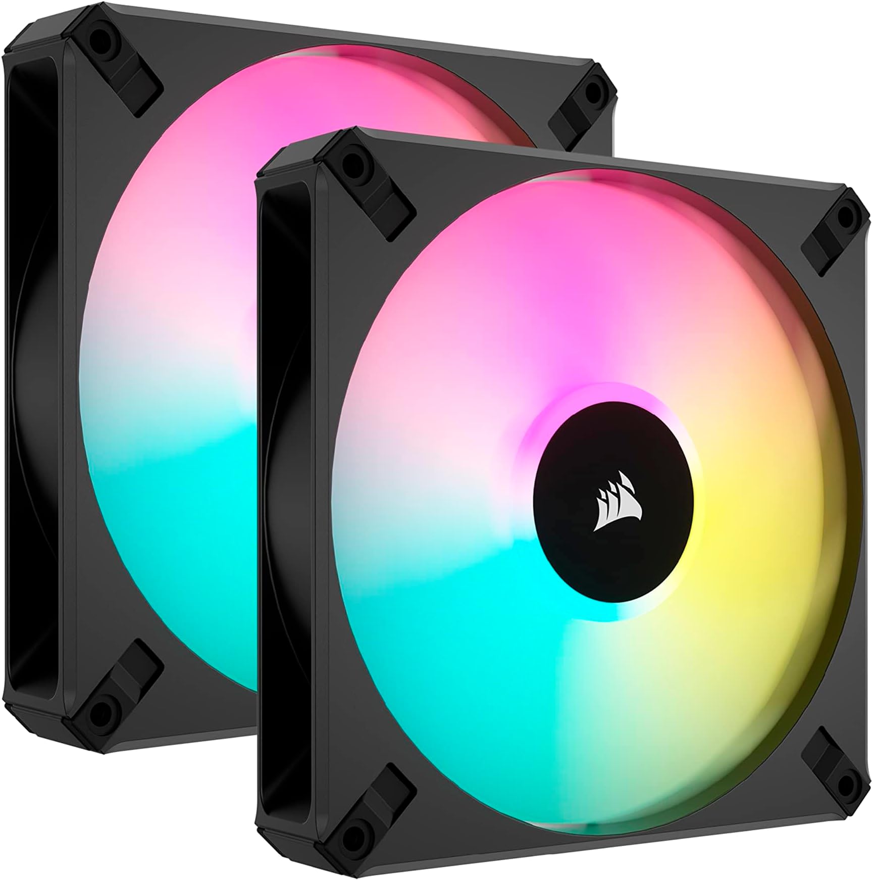 iCUE AF140 RGB Elite 140mm PWM Dual Fan Kit - Eight RGB LEDs Per Fan - AirGuide Technology - Fluid Dynamic Bearing - Zero RPM Fan Mode - Included iCUE Lighting Node CORE Controller - Black
