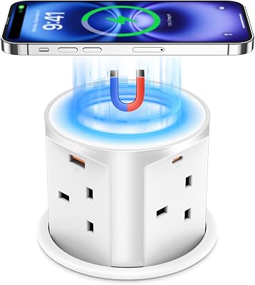 Pop Up Plug Socket with 15W Magnetic Wireless Charger,20W USB C Fast Charging Power Strip,3.94” Hole Worktop Socket,4 Way Outlets,4 USB Ports,2m Extension Cable (White, 20W USB)