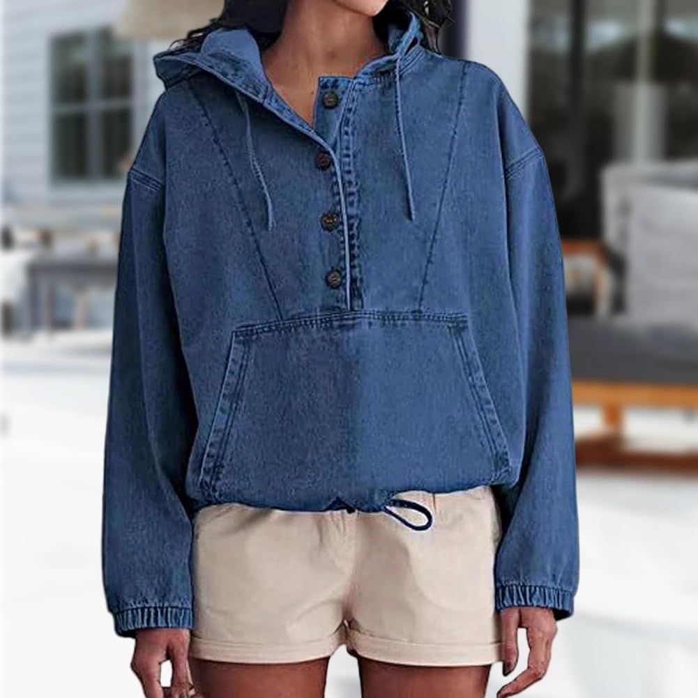 Generisch Damska bluza z kapturem, dżinsowa bluza z kapturem, luźna bluza z długim rękawem z kieszenią i ściągaczem, model 2025 (ciemnoniebieska, XL)
