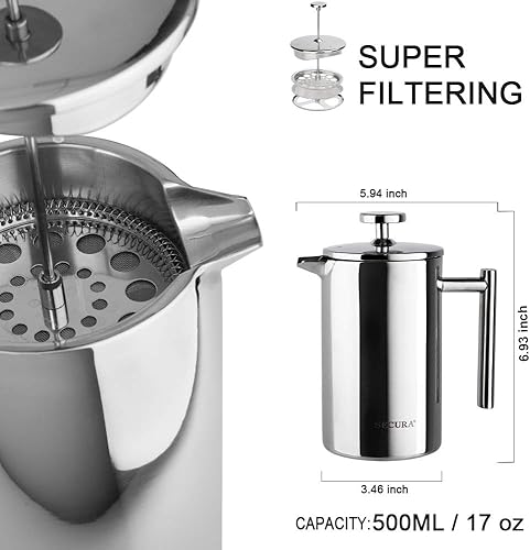 Vista 5 de Secura - Cafetera de prensa francesa de acero inoxidable 304 con 2 filtros adicionales