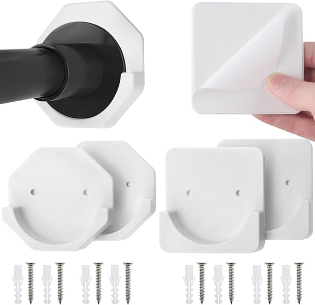 Prmape 4 Pcs Adhesive Shower Curtain Rod Holder, Shower Curtain Holders Self Adhesive Drill-Free Install, Universal Adhesive Wall Mount Holder for Shower Curtain Wardrobe Bathroom (White)