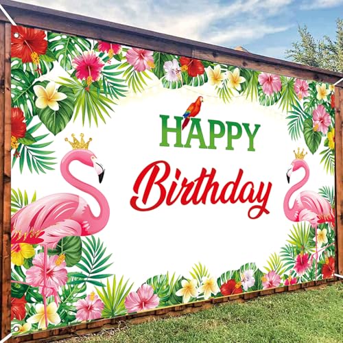 Flamingo Birthday Backdrop, Tropical Floral Flamingo Birthday Banner for Flamingo Party Decorations, Luau Bday Backdrop for Hawaiian Party Decorations, 71x43 inch (White) - image 6