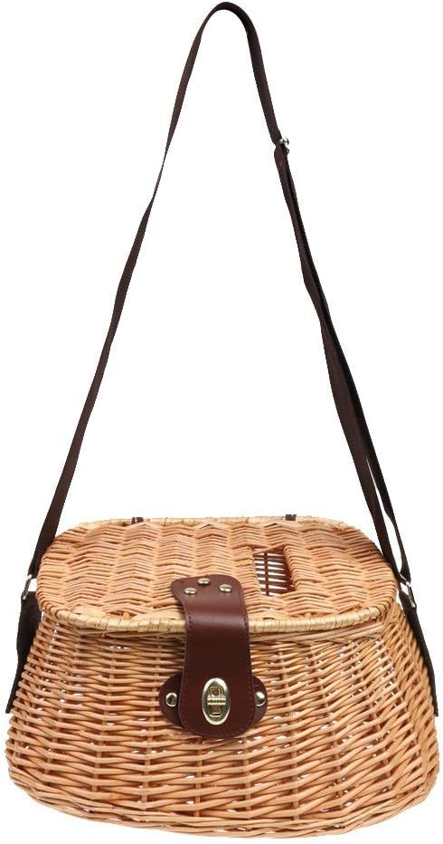 Syhonic Classical Vintage Fish Basket,Wicker Fisherman Traps Cage Bass Trout Perch Fish Case with Adjustable Shoulder Strap(Brown)