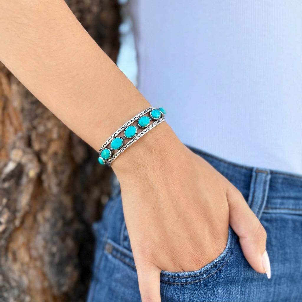 Turquoise Bracelet Sterling Silver 925 Genuine Gemstones Cuff Bracelet