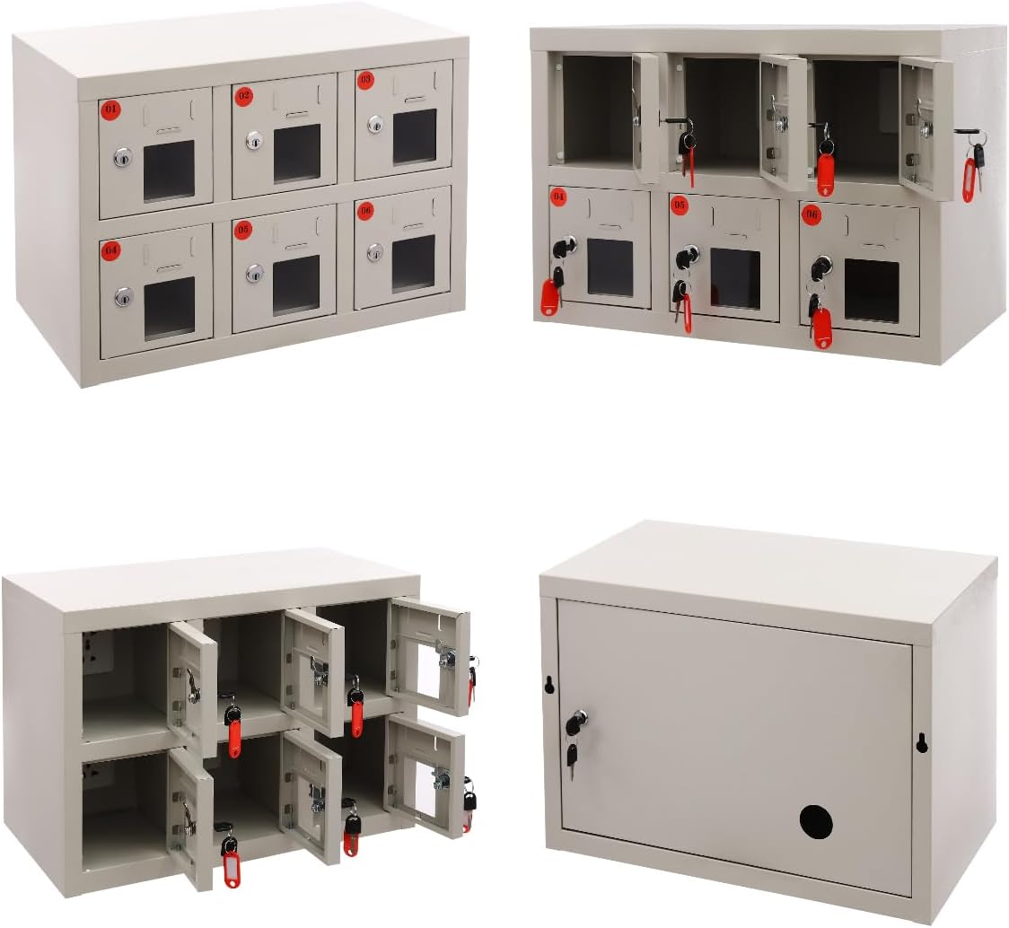 6-Door Cell Phone Locker with Charging Station - 14-Key Rechargeable Mobile Phone Cabinet for Classrooms, Schools, and Employee Lockers - Secure Storage Solution